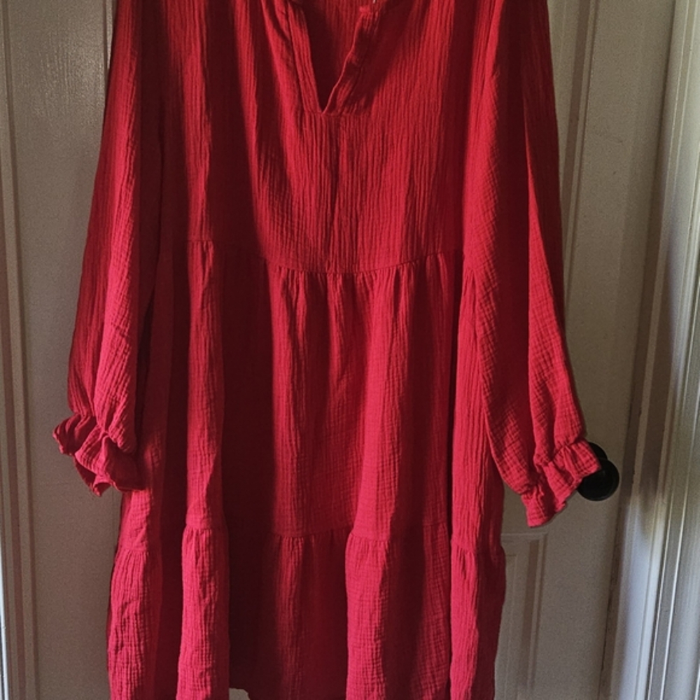 Kaktus Red Tiered Long Sleeve Tunic Dress